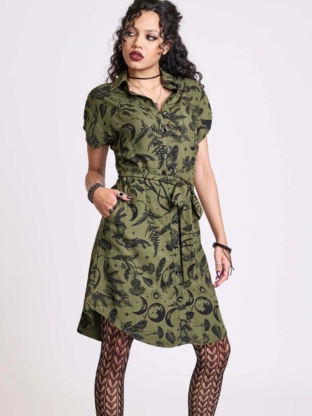 Crescent Moon Olive Green Button-Front Shirt Dress by Midnight Hour - Picture 2 of 9